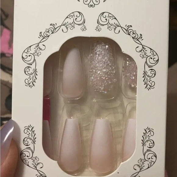 Baby Boomer Pink Gradient Press on Fake Nails Medium Coffin Bling Rhinestone - Picture 4 of 8